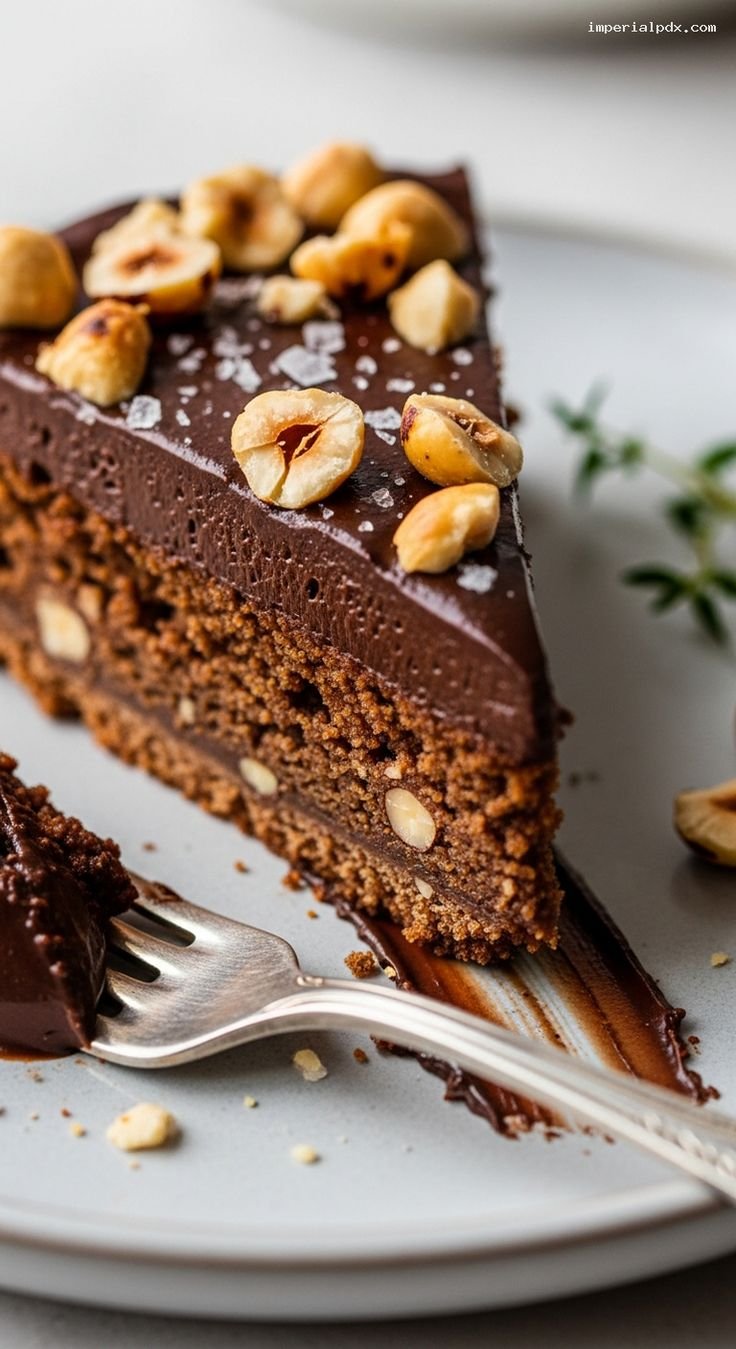 A slice of dark chocolate ganache cake on a plate